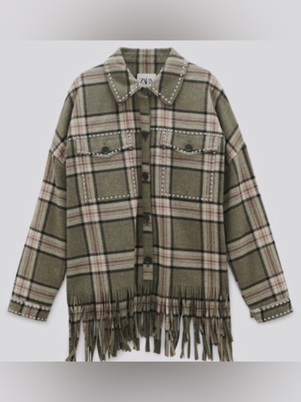 ZARA Green and Pink Plaid Fringe Jacket